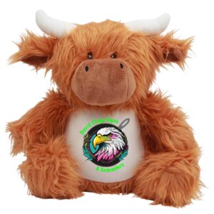Fluffy, brown Highland Cow soft toy with a white tummy panel ready for personalized embroidery.