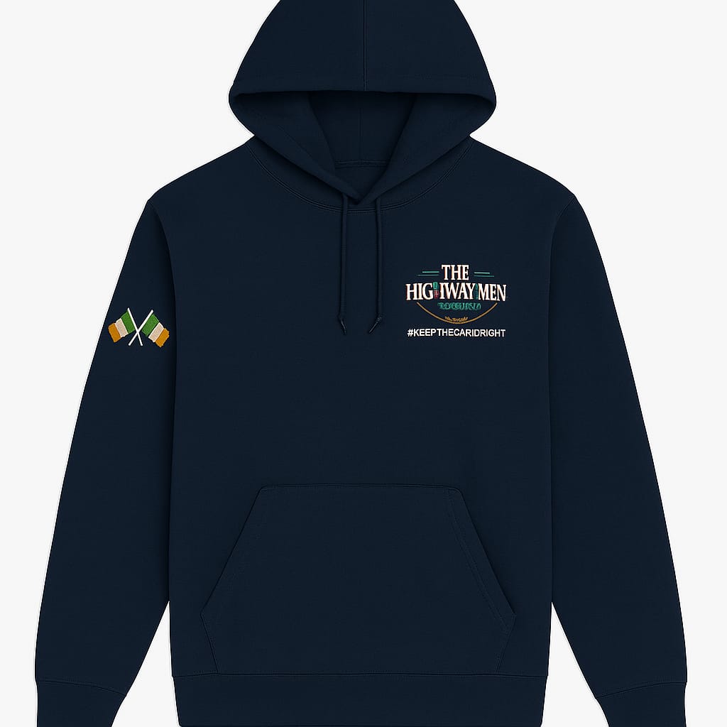 Navy blue Highwaymen Ireland embroidered hoodie with Irish flag detail and logo on chest.