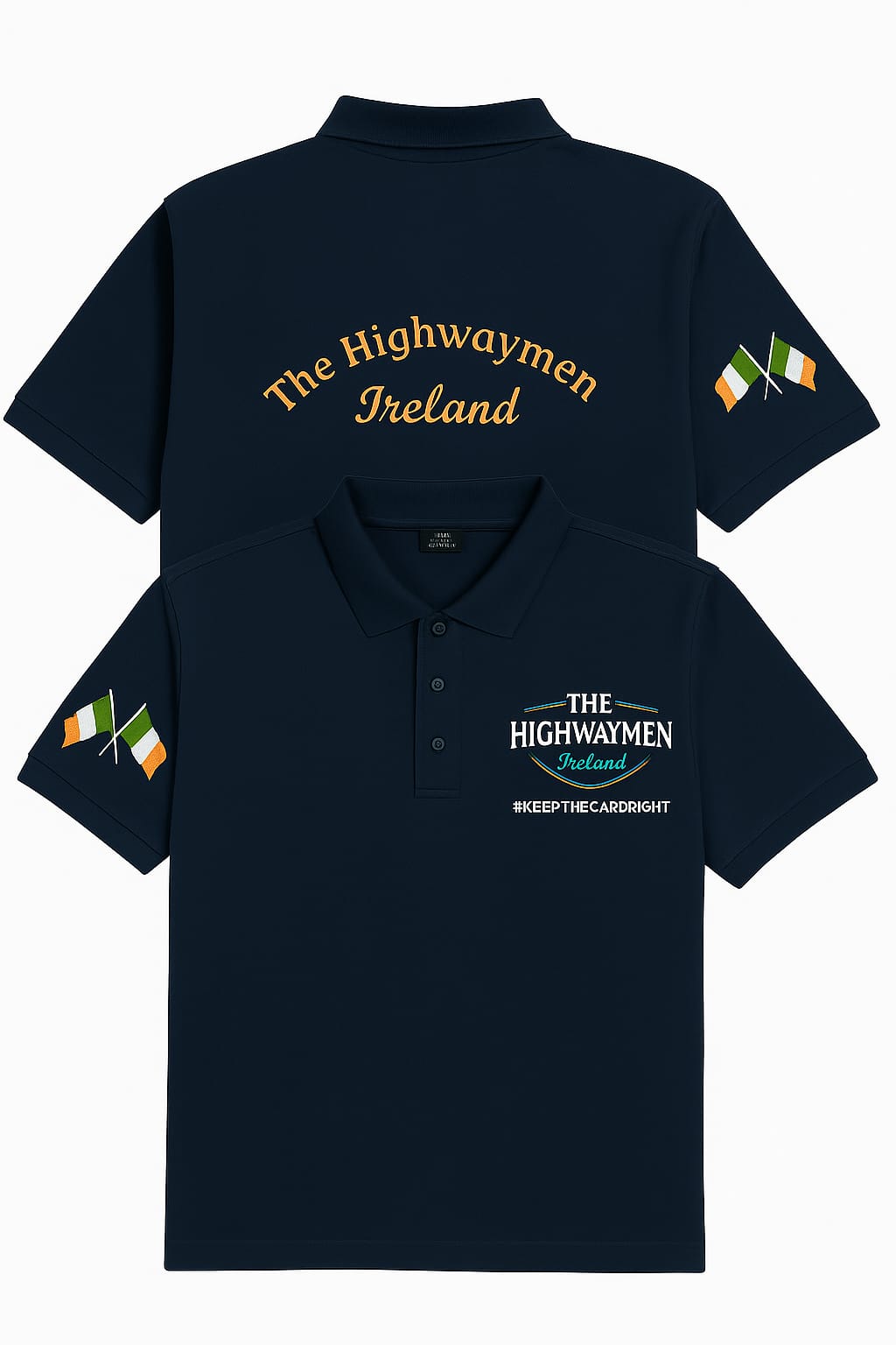 Navy blue Highwaymen Ireland embroidered polo t-shirt showing the front logo and large back lettering with Irish flag sleeve detail.