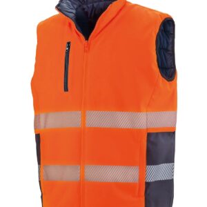 Reversible high-visibility orange and navy padded gilet/bodywarmer for custom logo embroidery