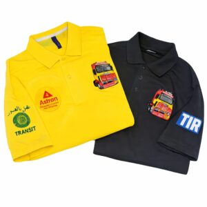 Yellow and Black Astran Scania embroidered polo shirts featuring detailed truck embroidery and sleeve logos.