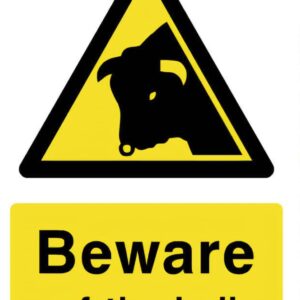 Yellow and black 12x6 inch safety sign featuring a bull-head warning triangle and the text: Beware of the bull.