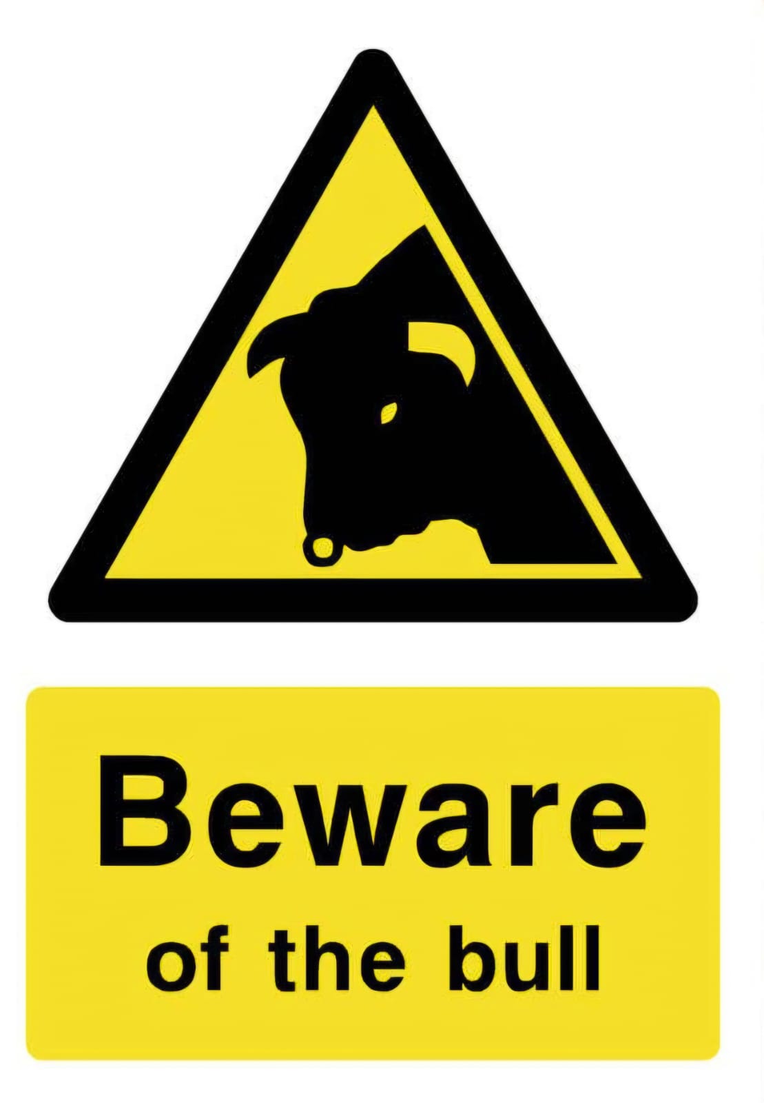Yellow and black 12x6 inch safety sign featuring a bull-head warning triangle and the text: Beware of the bull.
