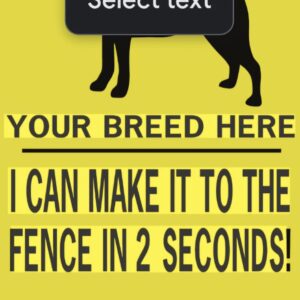 Customizable 12x6 inch yellow dog warning sign with custom breed text and a silhouette of a dog.
