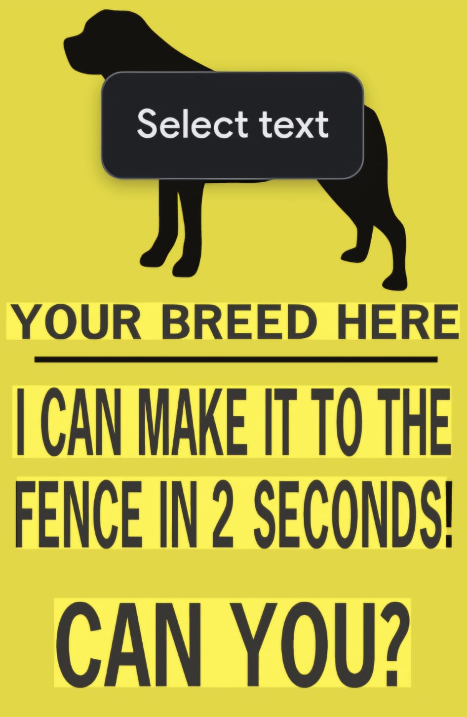 Customizable 12x6 inch yellow dog warning sign with custom breed text and a silhouette of a dog.