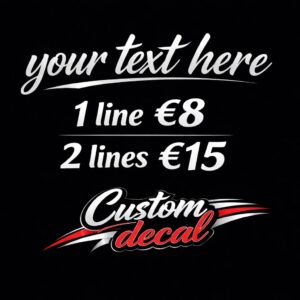 Promotional image for custom vinyl decals showing pricing for 1 line at €8 and 2 lines at €15.