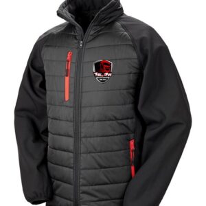 Black and red padded softshell jacket with official Full of the Pipe Truckshow Ireland embroidery