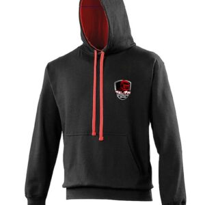 Heavyweight black hoodie with red hood interior and 30,000 stitch Full of the Pipe embroidery.