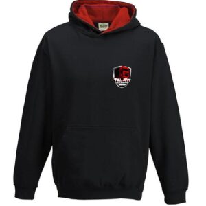 Black kids hoodie with red inner hood and embroidered Full of the Pipe Truckshow Ireland logo.