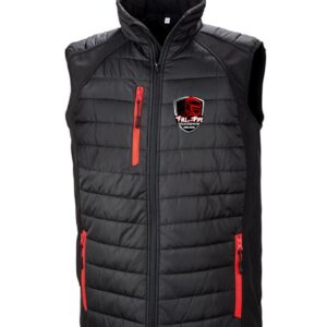 Black padded softshell gilet with red contrast zips and embroidered Full of the Pipe Truckshow Ireland logo.