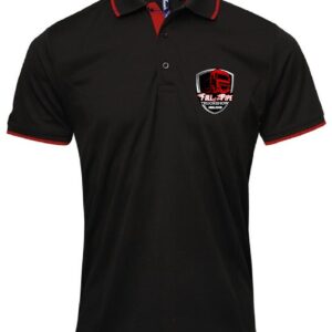 Black Coolchecker polo shirt with red contrast trim and Full of the Pipe Truckshow Ireland logo.