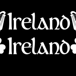 914mm white vinyl Ireland decal options featuring harps and shamrocks for windscreens.