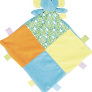 Multi-colored sensory elephant baby comforter with rattle and tags.
