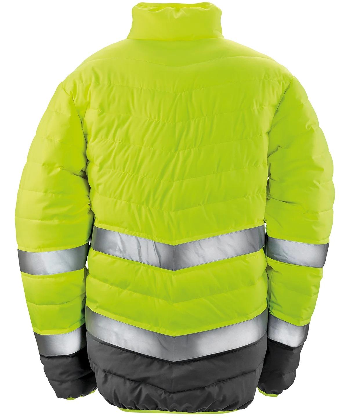 Front and back view of a fluorescent yellow soft padded safety jacket with reflective strips.