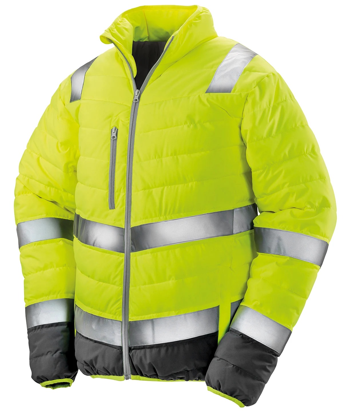 Front and back view of a fluorescent yellow soft padded safety jacket with reflective strips.