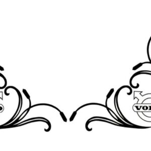 Pair of 10 inch die-cut Volvo logo side window decals with decorative scrollwork design.