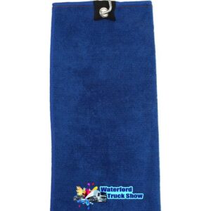 Royal blue microfibre towel with Waterford Truck Show logo and integrated hanging hook.