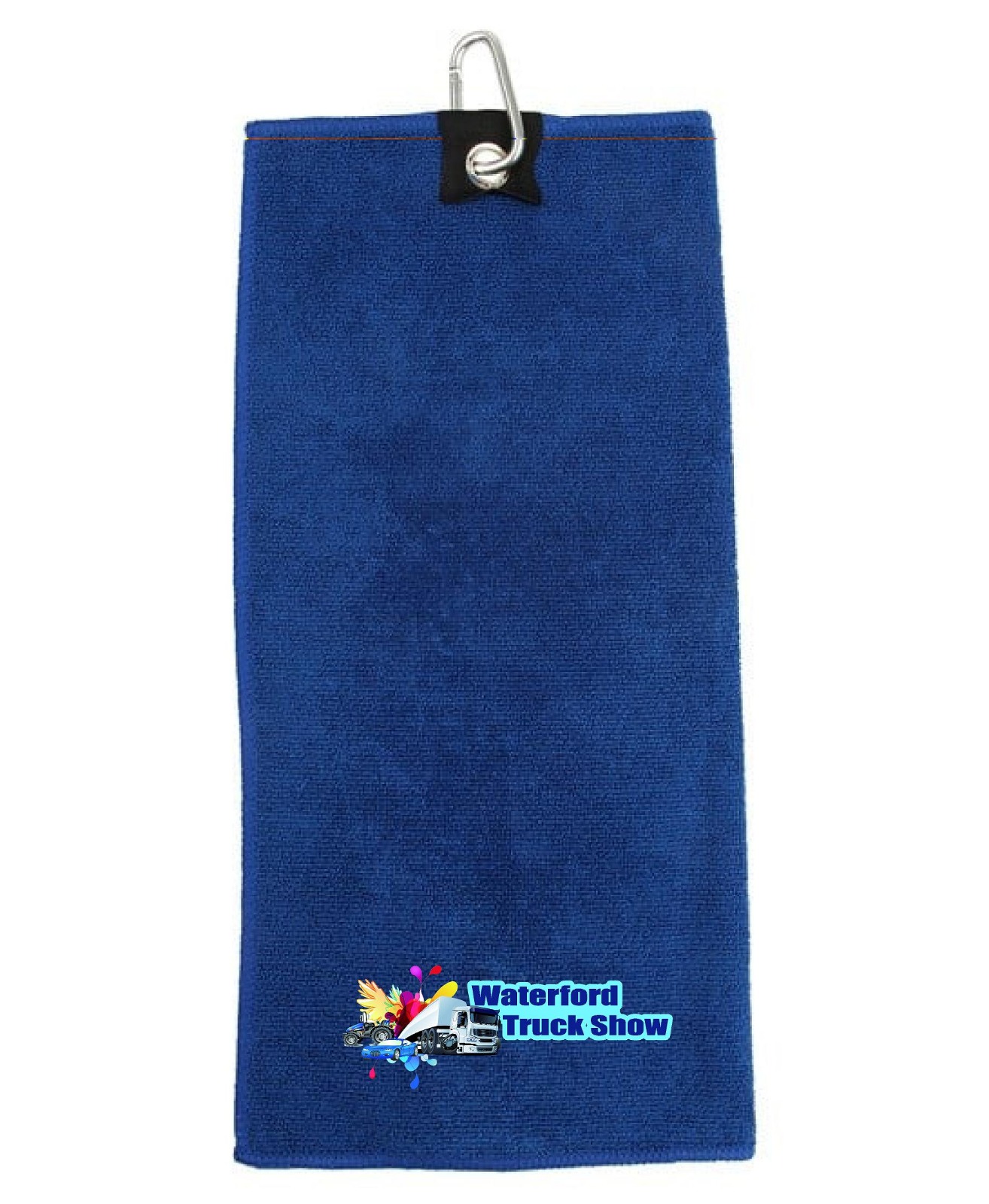 Royal blue microfibre towel with Waterford Truck Show logo and integrated hanging hook.