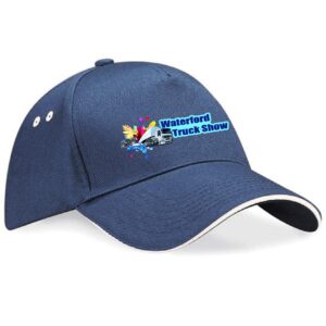 Navy blue baseball hat with white contrast peak and Waterford Truck Show logo.