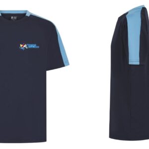 Front and side view of Waterford Truck Show Navy and Sky Blue two-tone t-shirt with logo.