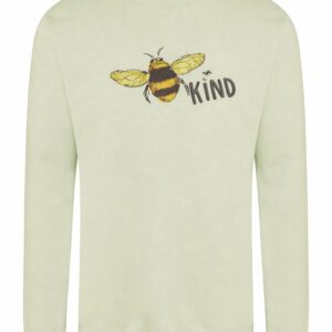 Pistachio green crew neck jumper with embroidered Bee Kind logo and honeybee design.
