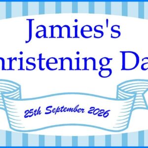 Three customized 4ft x 2ft banners for Christening, Communion, and Confirmation with names and photos.