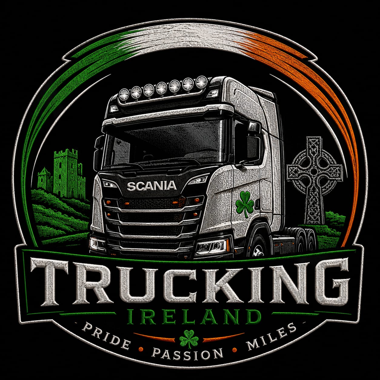 Front view of the black Irish Trucking hoodie showing the small chest print logo.