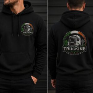 Black Irish Trucking hoodie with a large custom Scania truck back print design.