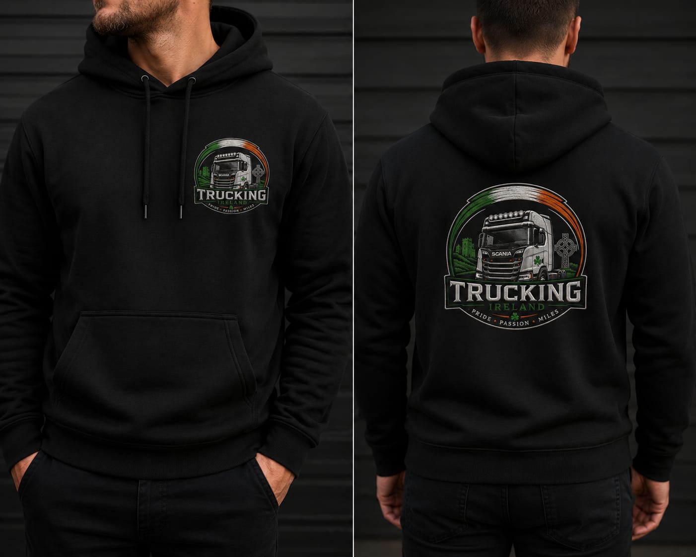 Black Irish Trucking hoodie with a large custom Scania truck back print design.
