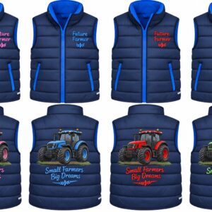 Navy blue kids padded gilet with Future Farmer tractor embroidery in pink, blue, red, and green.
