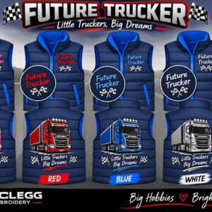 Navy blue kids padded gilet with Future Trucker lorry embroidery in pink, red, blue, and white.