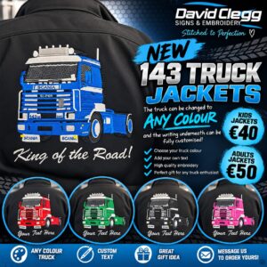 Black jacket embroidered with a Scania 143 truck graphic in multiple colours and custom text underneath.