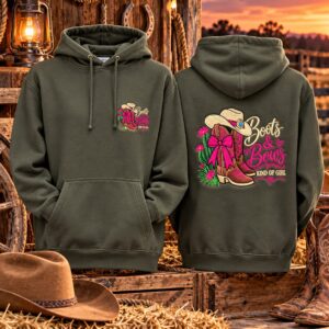Khaki green embroidered hoodie showing small front logo and large back design featuring cowboy boots and pink bows.