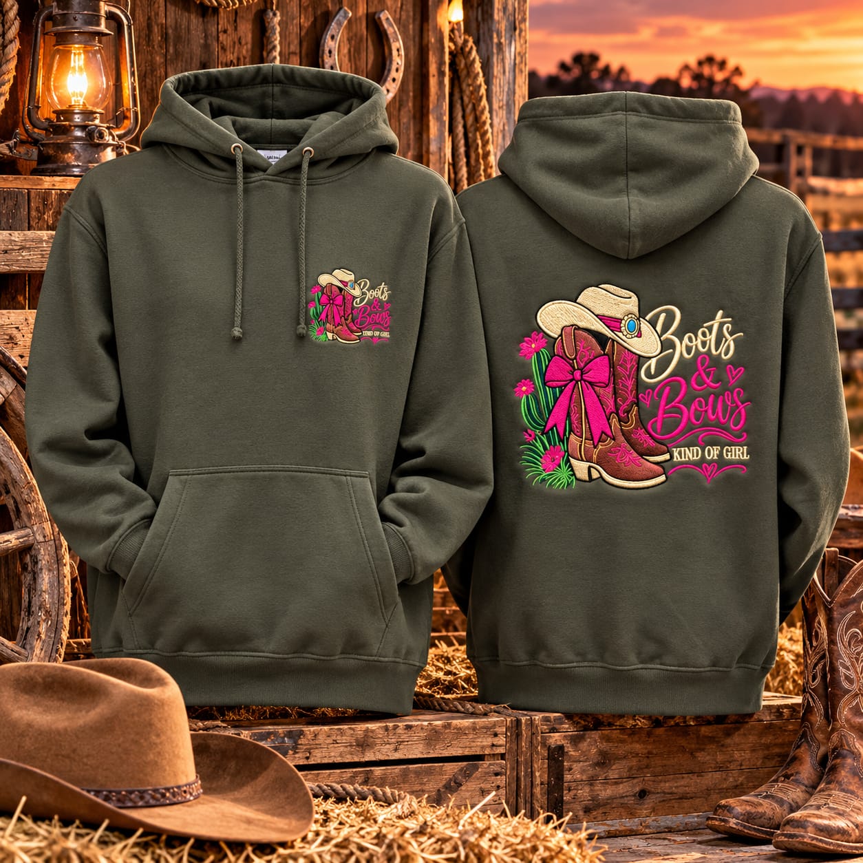 Khaki green embroidered hoodie showing small front logo and large back design featuring cowboy boots and pink bows.