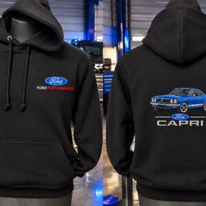 Black Ford Performance hoodies featuring red Ford Mustang and blue Ford Capri embroidered back prints.