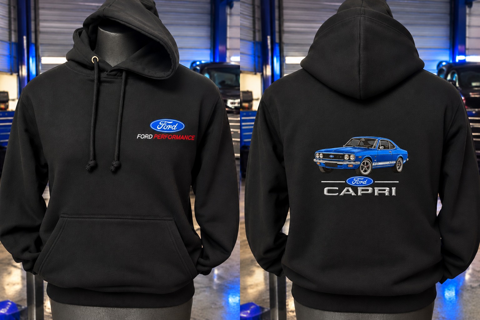 Black Ford Performance hoodies featuring red Ford Mustang and blue Ford Capri embroidered back prints.