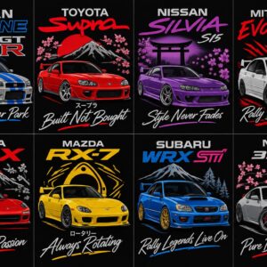 Grid showcase of 8 JDM legend car designs including Skyline, Supra, RX-7, and Evo on black hoodies